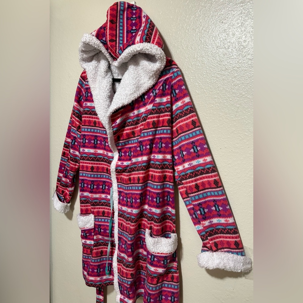Cozy Holiday Hooded Fleece Robe Sherpa Lined Plush Lounge Wrap | Pink Belted 2X - Picture 3 of 5